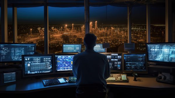 Sicherheitsleitstelle einer Ölraffinerie zur Überwachung und Koordination sicherheitsrelevanter Prozesse.