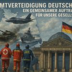 Das Bild zeigt Aspekte der Gesamtverteidigung in Deutschland. Politik und Verwaltung, Teilstreitkräfte und Organisationsbereiche der Bundeswehr und die zivilen Hilfeleistungspotenziale