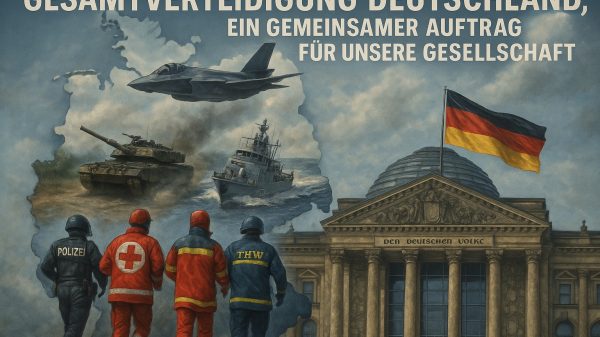 Das Bild zeigt Aspekte der Gesamtverteidigung in Deutschland. Politik und Verwaltung, Teilstreitkräfte und Organisationsbereiche der Bundeswehr und die zivilen Hilfeleistungspotenziale