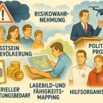 Das Bild zeigt Aspekte der zivilen Sicherheit. Risikowahrnehmung, Bewusstsein der Bevölkerung, Materieller Ausstattungsbedarf, Lagebild und Fähigkeitsmapping, Politische Prozesse und Hilfsorganisationen