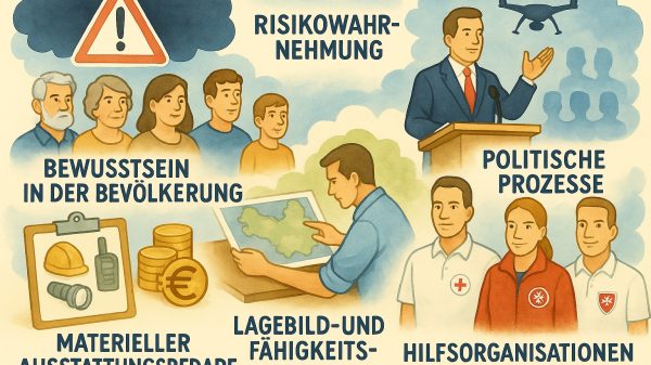 Das Bild zeigt Aspekte der zivilen Sicherheit. Risikowahrnehmung, Bewusstsein der Bevölkerung, Materieller Ausstattungsbedarf, Lagebild und Fähigkeitsmapping, Politische Prozesse und Hilfsorganisationen