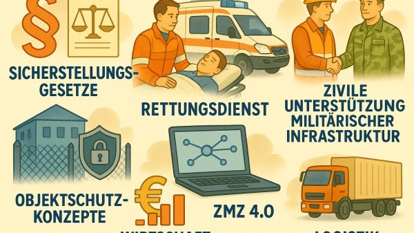 Das Bild zeigt Aspekte der zivilen Sicherheit. Sicherstellungsgesetze, Rettungsdienst, Objektschutzkonzepte, Wirtschaft, ZMZ 4.0, Logistik und Zivile Unterstützung militärischer Infrastruktur