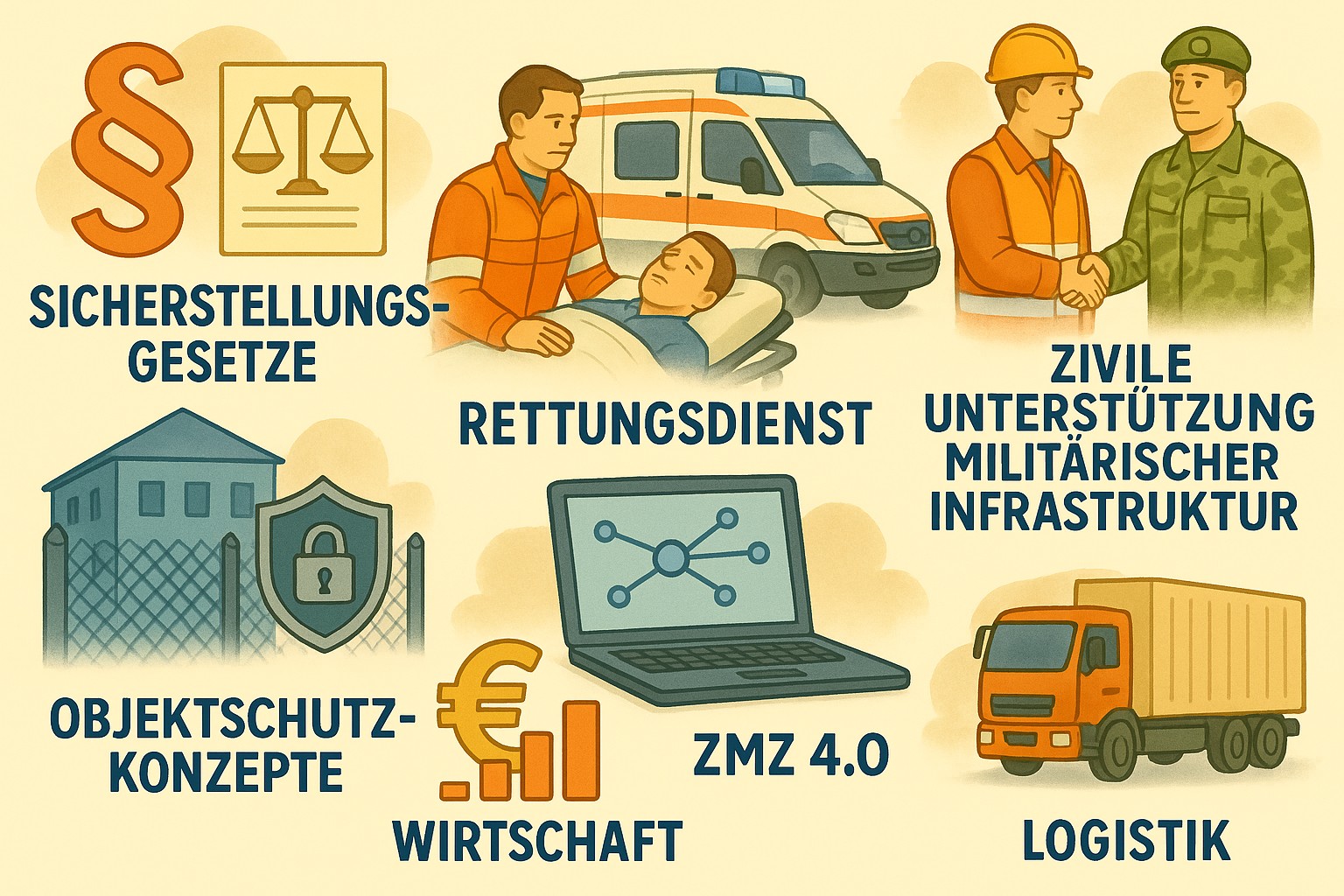 Das Bild zeigt Aspekte der zivilen Sicherheit. Sicherstellungsgesetze, Rettungsdienst, Objektschutzkonzepte, Wirtschaft, ZMZ 4.0, Logistik und Zivile Unterstützung militärischer Infrastruktur