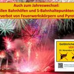 Hinweis der Münchner Bundespolizei im Einsatz: An allen Bahnanlagen gilt generell ein Mitführverbot von Feuerwerkskörpern und Pyrotechnik. Auf allen Bahnanlagen ist das Zünden von Pyrotechnik verboten!