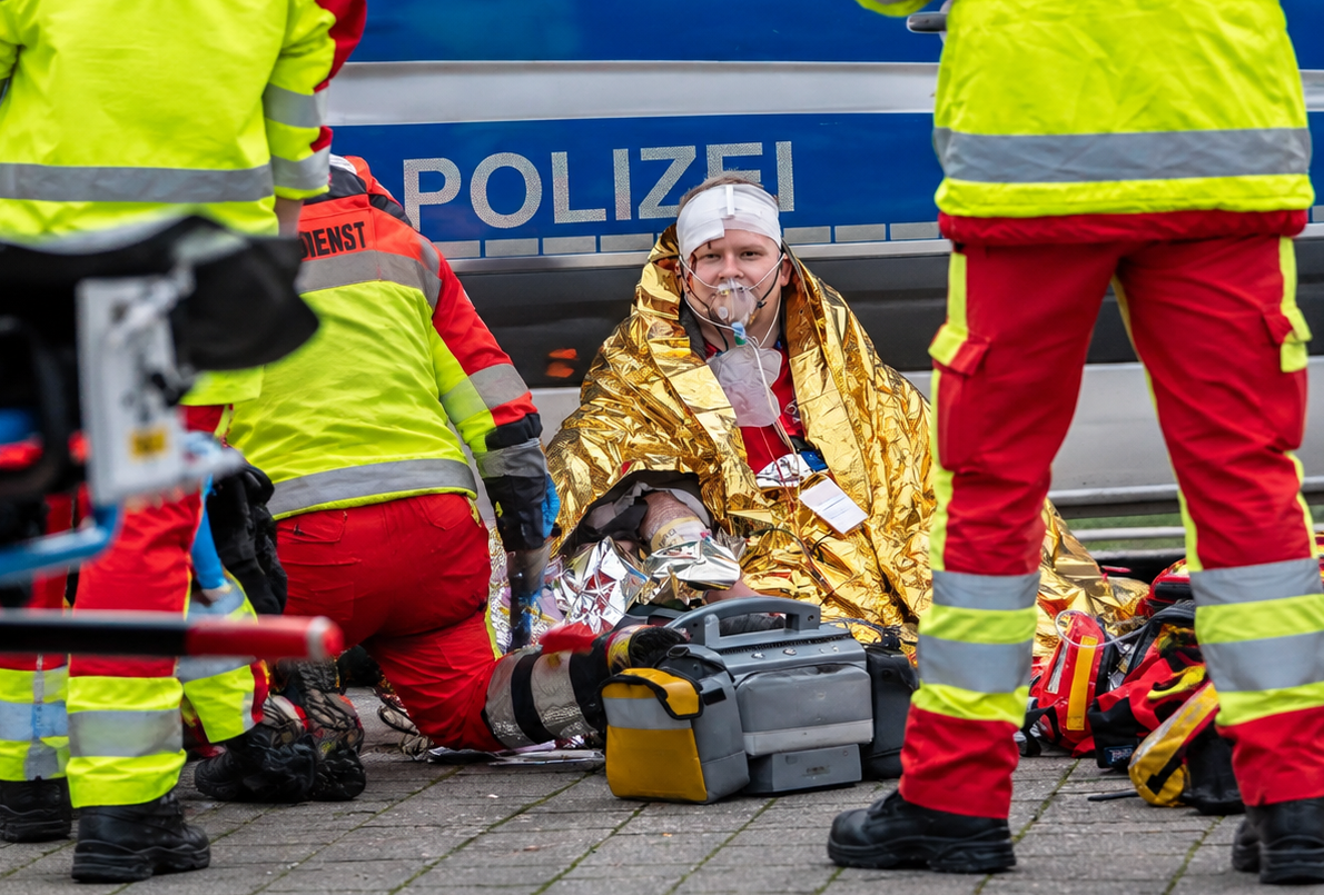 Notfallsanitäter versorgen einen verletzten Menschen mit Kopfverband und Sauerstoffmaske vor einem Polizeistreifenwagen und Notfallausrüstung