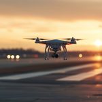 Drohne mit Kamera am Himmel in der Nähe eines Flughafens.