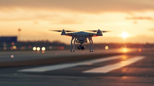 Drohne mit Kamera am Himmel in der Nähe eines Flughafens.