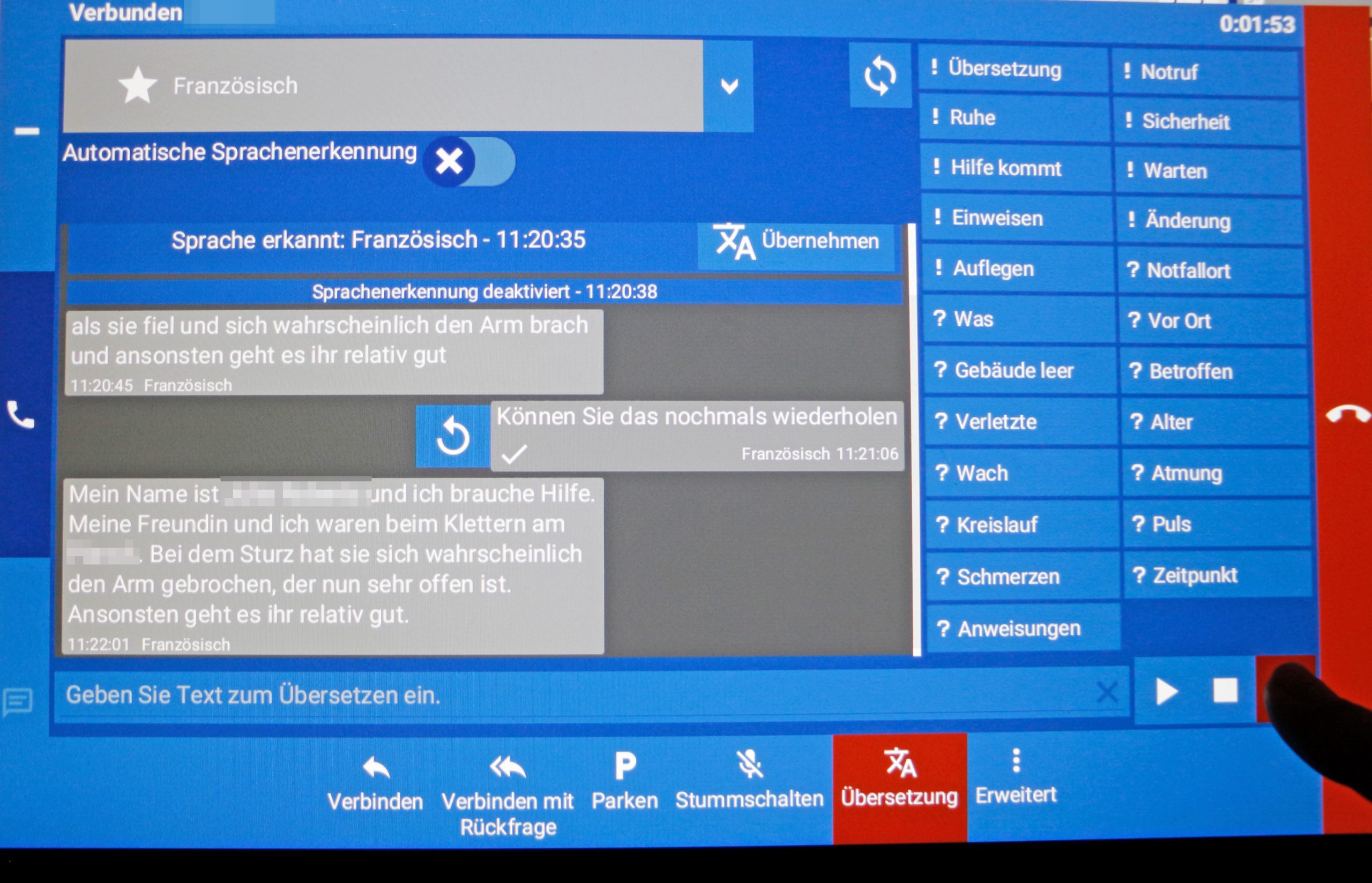 Screenshot einer Notrufannahme mit Übersetzung