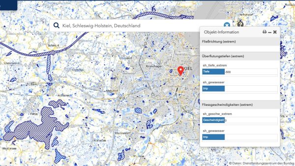 Screenshot aus dem Umweltportal Schleswig-Holstein. Nutzer können sich hier verschiedene Messwerte zum aktuellen Niederschlag und Starkregenereignissen anzeigen lassen.