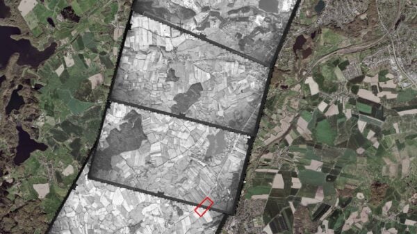 Deutscher Bildflug über Schleswig-Holstein 1962: Das rot umrissene Flurstück markiert das Grundstück des heutigen LfU. Kampfmittel