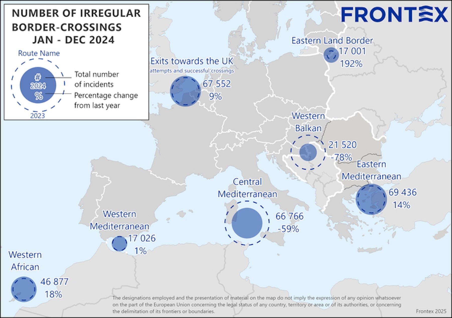 Die von der europäischen Grenzschutzagentur Frontex veröffentlichten Zahlen zur illegalen Migration Richtung EU in 2024.