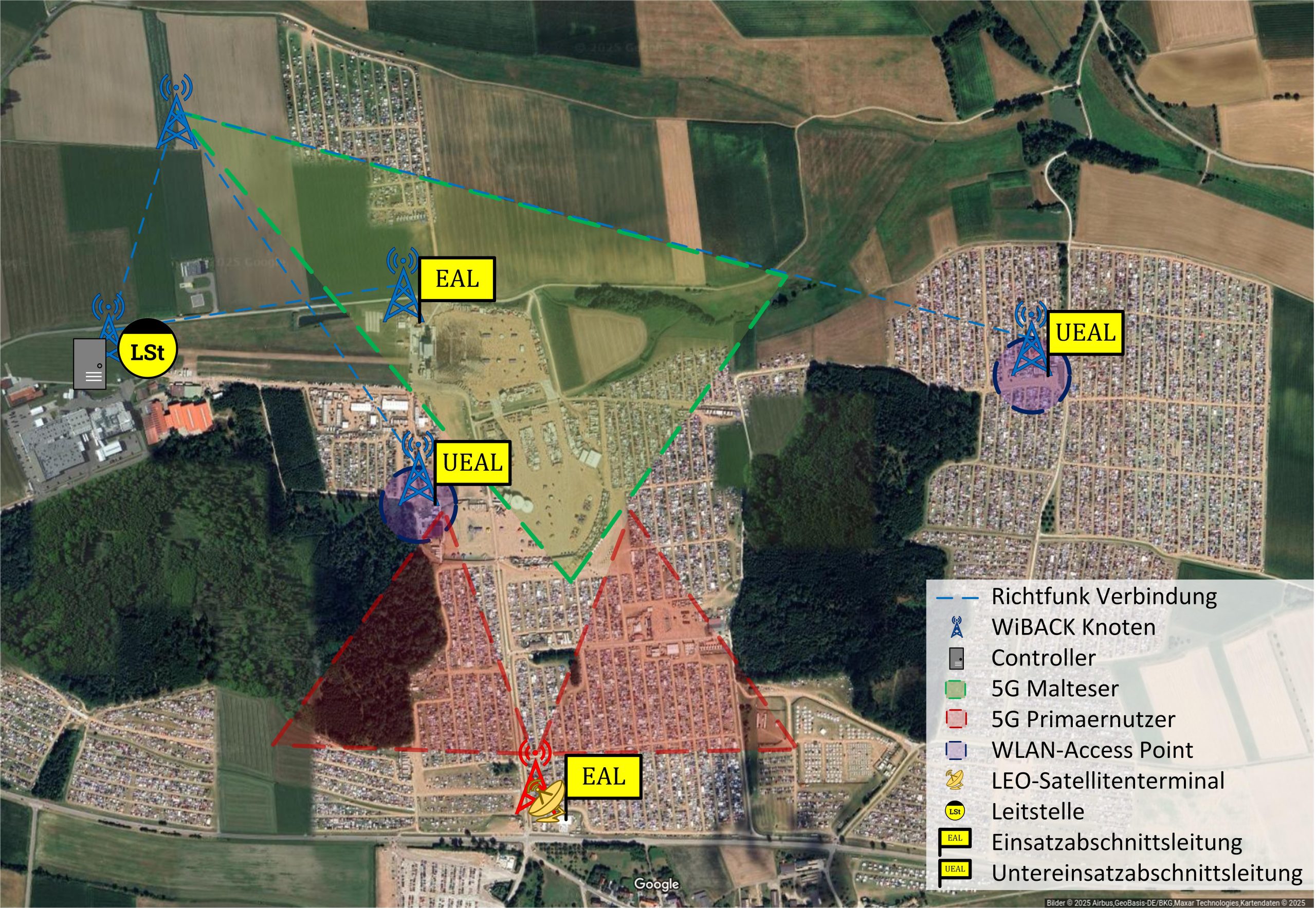 Kommunikationsnetz der Malteser bestehend aus Richtfunkverbindungen, 5G- und WLAN-Access.