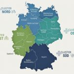 GMK: Die vier regionalen Cluster des Petersberger Prozesses: Nord, West, Ost und Süd – mit den jeweils zugeordneten Bundesländern und gesundheitlichen Versorgungsschwerpunkten.