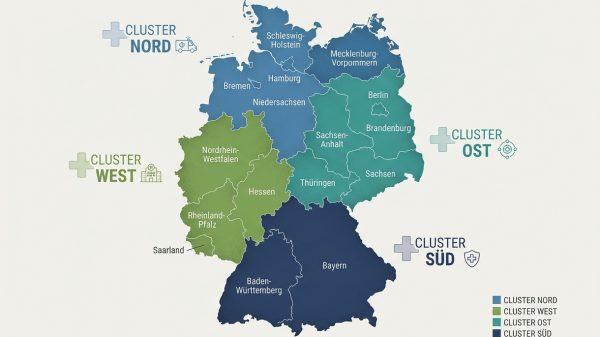 GMK: Die vier regionalen Cluster des Petersberger Prozesses: Nord, West, Ost und Süd – mit den jeweils zugeordneten Bundesländern und gesundheitlichen Versorgungsschwerpunkten.