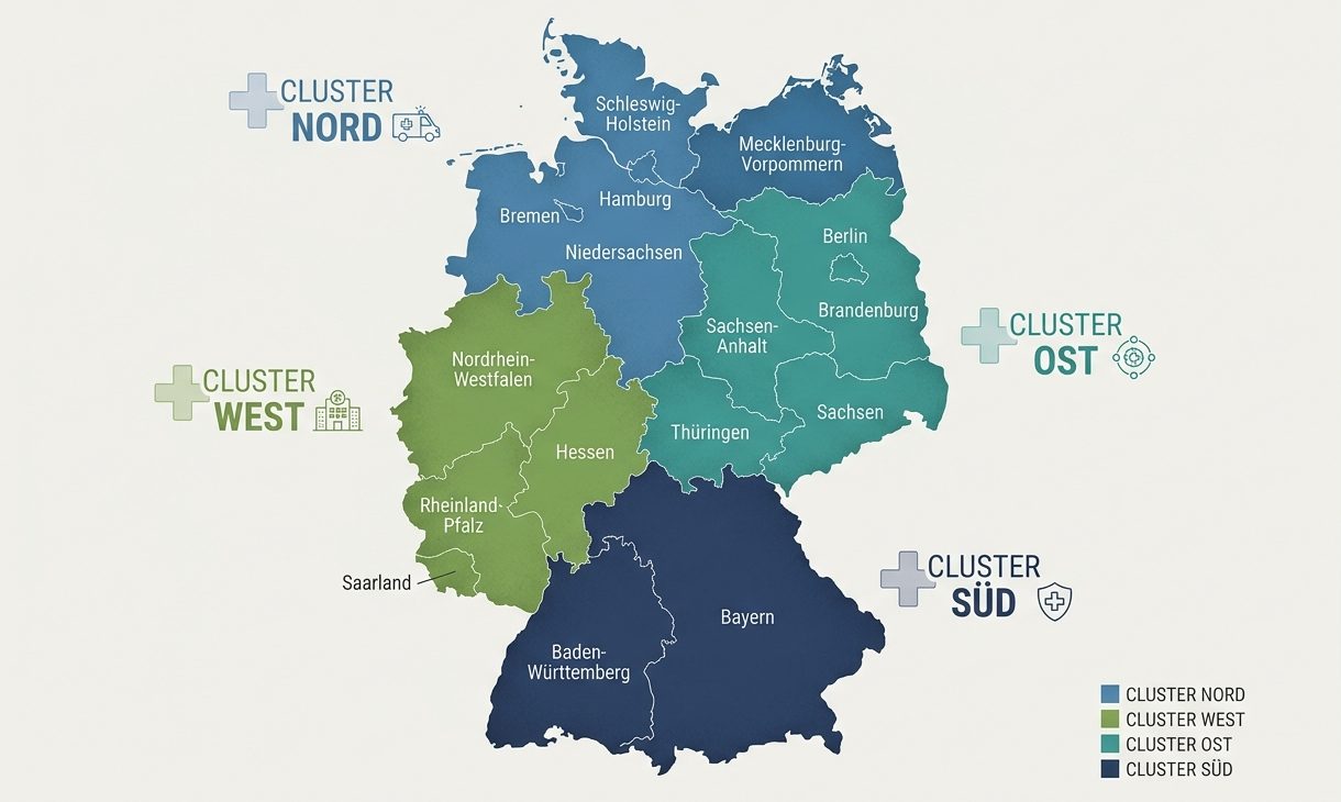 GMK: Die vier regionalen Cluster des Petersberger Prozesses: Nord, West, Ost und Süd – mit den jeweils zugeordneten Bundesländern und gesundheitlichen Versorgungsschwerpunkten.