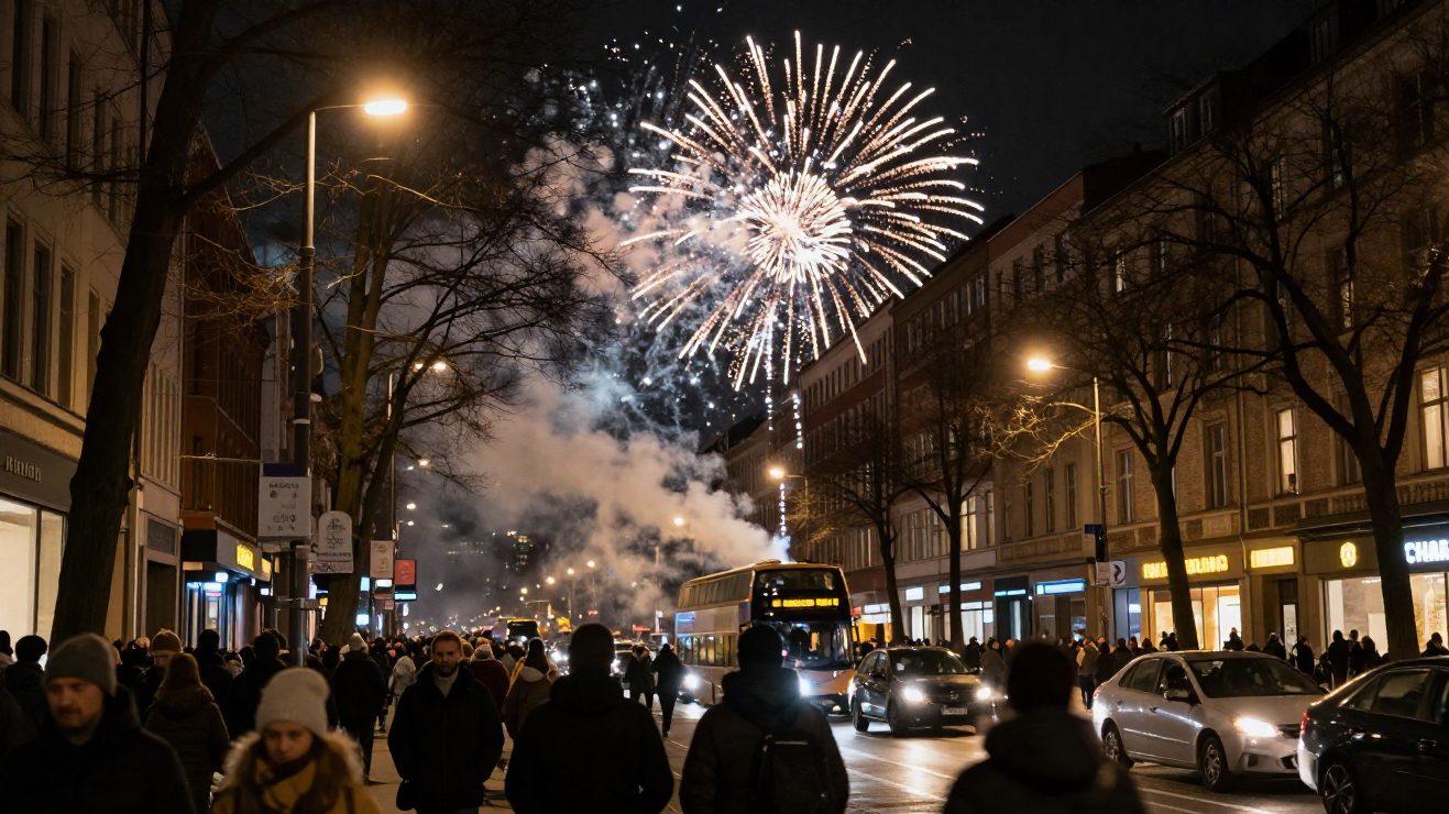 Silvesternacht in einer Großstadt, KI-generiert